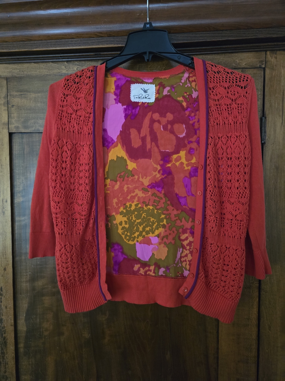 O Tabitha By Anthopology Red Open-Front Knit Cardigan with Floral Print Lining